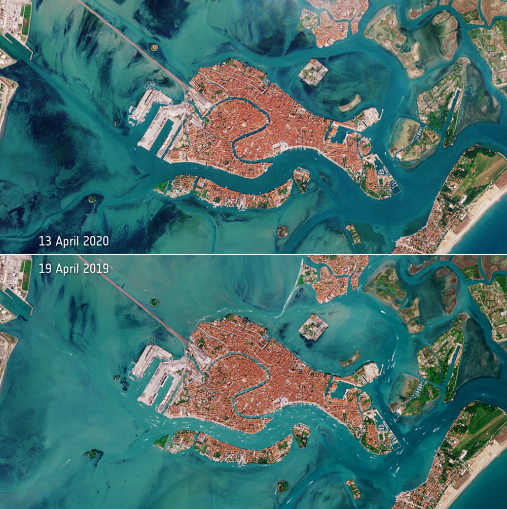 The deserted Venetian lagoon, as captured by the Copernicus Sentinel-2 mission (image credits: contains modified Copernicus Sentinel data (2019-20), processed by ESA, CC BY-SA 3.0 IGO)